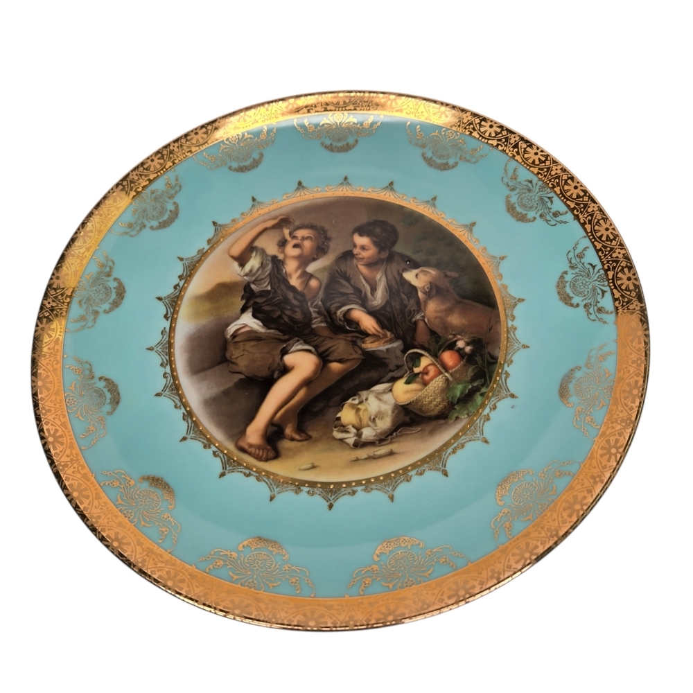 Vintage Heinrich Selb Bavaria Porcelain Plate Turquoise Gold Boys with Dog 10”
